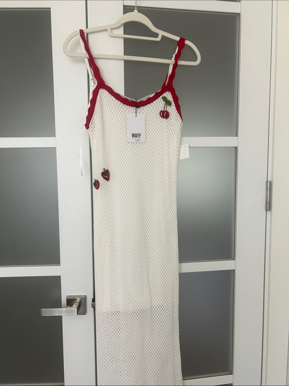 Wayf White Mesh Maxi Dress with Red Trim and Strawberry Motifs